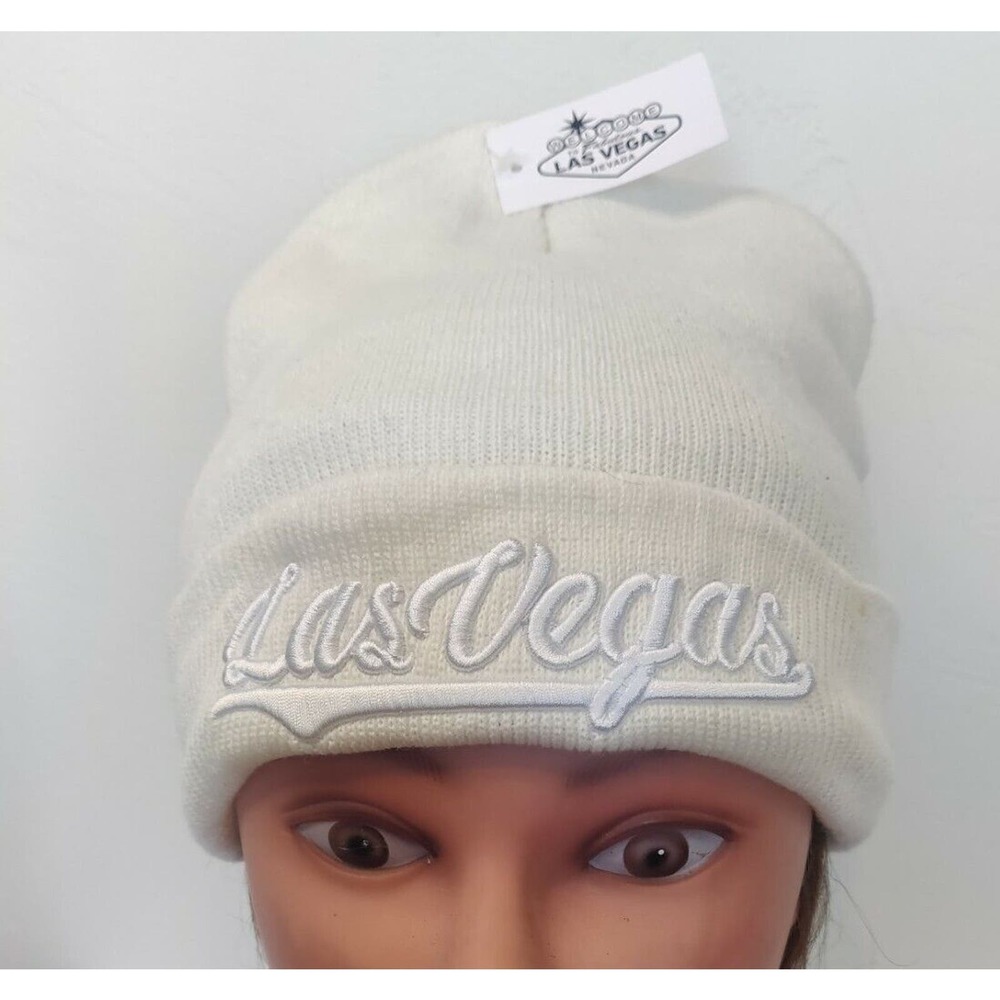 Las Vegas NEW Beanie Hat White Embroidered Logo Foldover Brim OSFA